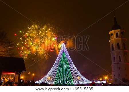 The main firework in Lithuania at New Year. The most interesting and popular viewpoint to historical disrict of Vilnius with Gediminius tower.