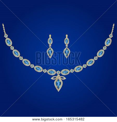 Golden necklace and earrings with diamonds and topaz