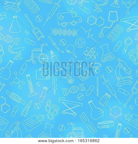 Seamless pattern with hand drawn icons on a theme medicine and health white contour on blue background