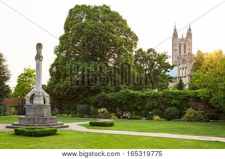 View of Canterbury Cathedral from Queningate at the summer sunset. Canterbury Kent United Kingdom