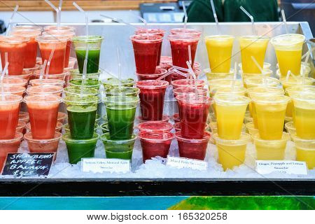 Fresh smoothies on display at Borough Market London