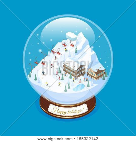 Ski resort snow globe souvenir with scaled down mountain village scenery with decorative piled houses ropeway vector illustration