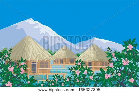 Bungalows on the ocean surrounded by tropical plants. South sea landscape. Vector background.