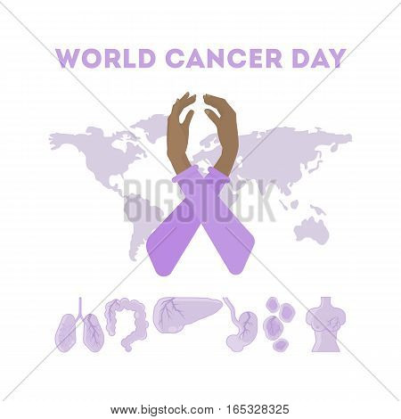 World cancer day. Hands holding and making World cancer day symbol on the world map background. Concept of global issues.