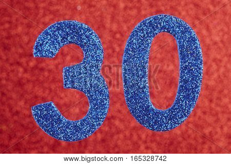 Number thirty blue color over a red background. Anniversary. Horizontal