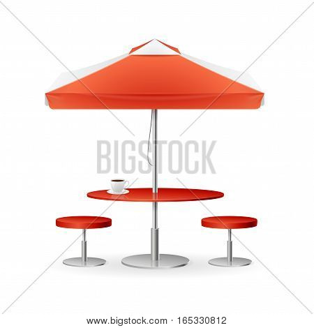 Red Parasol Promo Summer Caffee with Table and Chairs for City Streets and the Beach. Vector illustration
