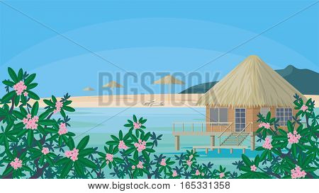 Bungalows on the ocean surrounded by tropical plants. South sea landscape. Vector background.