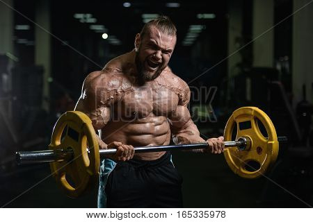 Brutal Strong Bodybuilder Athletic Men Pumping Up Muscles With Dumbbells