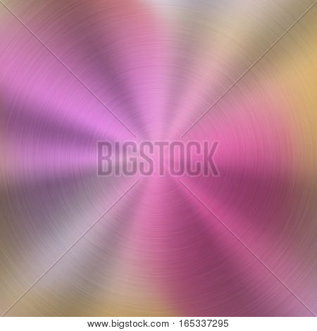 Metal abstract pink colorful gradient technology background with circular polished, brushed concentric texture, chrome, silver, steel, aluminum for design concepts, wallpapers. Vector illustration.