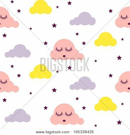 Sleepy clouds girlish seamless kid vector pattern. Pink, yellow and white background. Cute baby style textile fabric cartoon scandinavian ornament.