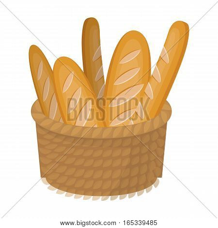 Basket of baguette icon in cartoon design isolated on white background. France country symbol stock vector illustration.