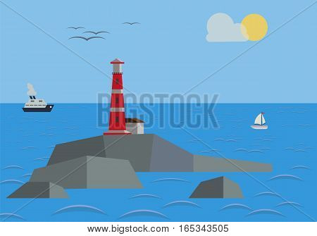 Rock in the sea with lighthouse. Vector illustration.