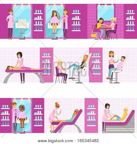 Women In Beauty Salon Enjoying Hair And Skincare Treatments And Cosmetic Procedures With Professional Cosmetologists. Set Of Beauty Parlor Cartoon Illustrations With Smiling Happy Clients.