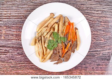 Fried Eryngii Mushroom With Pork Liver And Carrot.