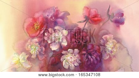 Bouquet of white and violet peonies watercolor illiustration. Wedding card. Summer bloom. Color flowers background.