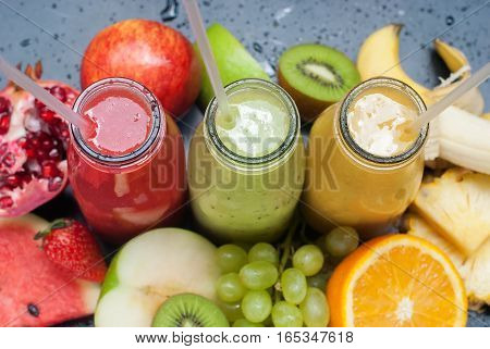 Smoothie Red Green Yellow Tropical Fruits Top View
