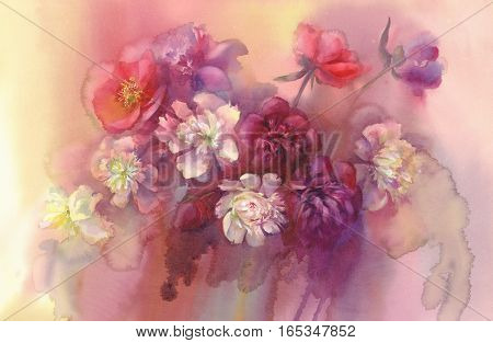 Bouquet of white and violet peonies watercolor illiustration. Wedding card. Summer bloom. Color flowers background.