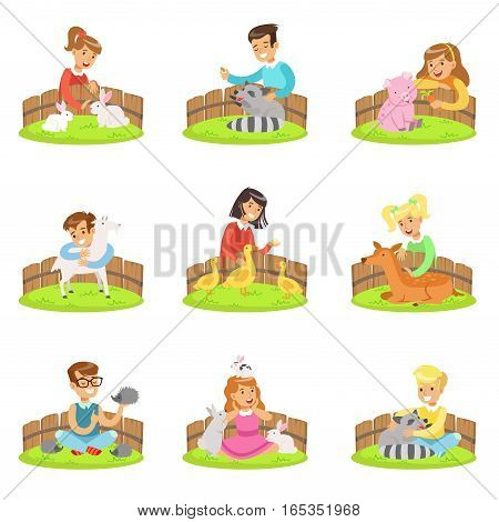 Children Petting The Small Animals In Petting Zoo Set Of Cartoon Illustrations With Kids Having Fun. Vector Colorful Scenes With Girls And Boys Touching Animal Cubs In Petting Farm.