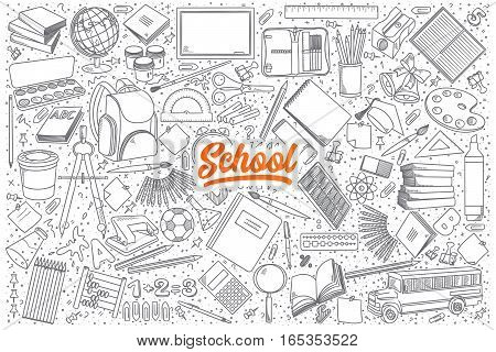 Hand drawn set of school doodles with orange lettering in vector