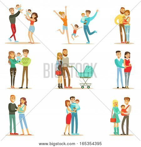 Young And Expecting Parents With Small Babies And Toddlers Serie Of Happy Full Family Portraits. Smiling Cartoon Characters, Mom, Dad And Infants Together Vector Illustrations.