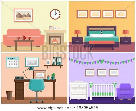 House interior - living room bedroom office place baby nursery. Flat vector design with furniture including sofa fireplace bed desk laptop crib and changing table.