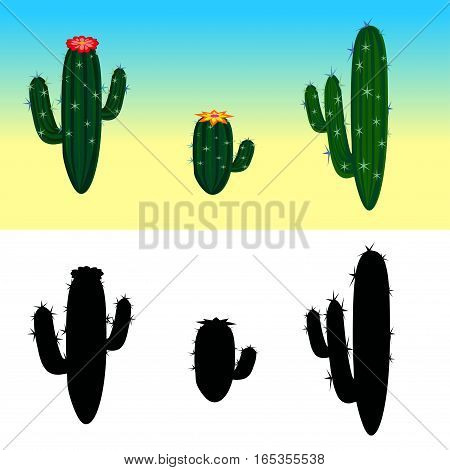 A vector cartoon cactus set with flowers and cactus silhouettes. Vector illustration. Isolated cactuses.
