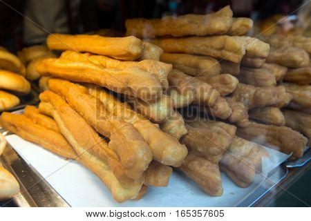 Stack of Chinese tradition food fried bread stick or you tiao