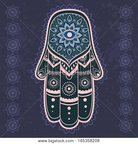 Ornament card with hamsa. Geometric circle element made in vector. Perfect  cards for any other kind of design, birthday and other holiday, kaleidoscope,  medallion, yoga, india, arabic
