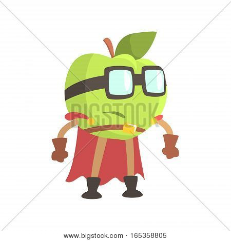 Apple In Glasses Wearing Cape Superhero Costume, Part Of Fruits In Fantasy Disguises Series Of Cartoon Silly Characters. Colorful Vector Illustration With Fresh Food Disguised As Magic And Comics Creatures.
