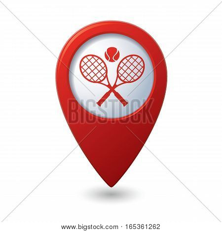 Red map pointer with tennis racket and ball icon