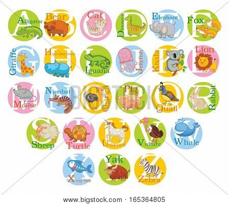 Cute animal alphabet. Funny cartoon character. Vector illustration. Isolated on white background. Set