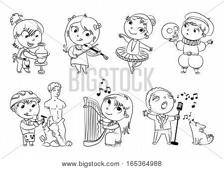 Hobbies and interests. Ballet studio, music school, theater workshop, school of fine arts, sculpture studio. Funny cartoon character. Vector illustration. Coloring book. Set