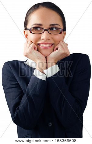 Friendly Businesswoman Shrug with Head Reasting on Fists - Isolated