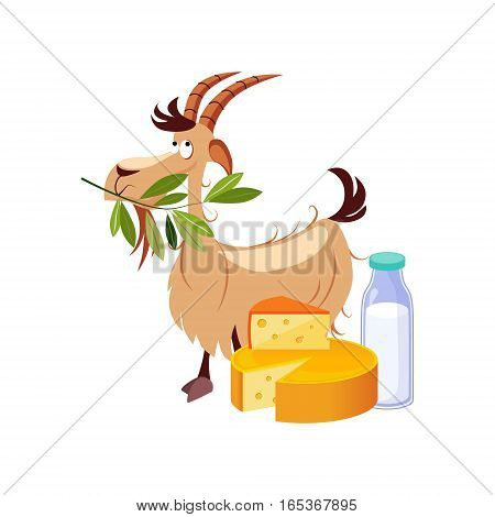 Goat Eating A Branch And Set Of Cheese And Milk Dairy Food, Farm And Farming Related Illustration In Bright Cartoon Style. Organic And Natural Product Symbol Colorful Vector Illustration.