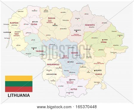 Administrative and political vector map of the Baltic republic of Lithuania with flag
