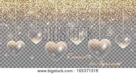 Banner with a romantic design in gold style on a transparent background