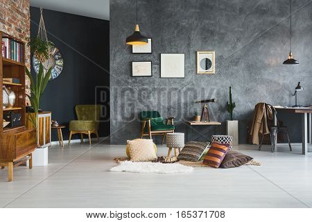 Multifunctional stylish room interior with travel souvenirs