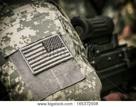 US Army Soldier with machine gun on position during the mission or training