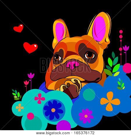 French bulldog Portrait in a Santa's hat . Vector illustration.
