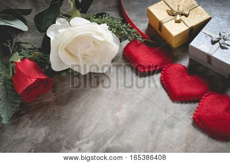 Valentine's Day Background,red Heart With Red White Rose ,ribbon