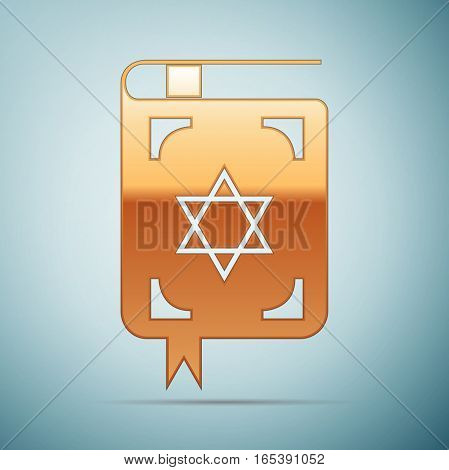 Gold Jewish torah book icon on blue background . Vector Illustration