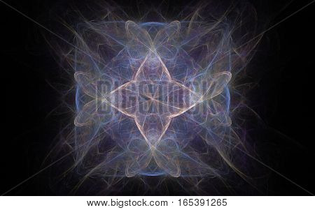 abstract image of blue interlocking lines beige purple brown in a chaotic manner forming a figure in the shape of a flower with shaggy edges with a cross inside on a black background