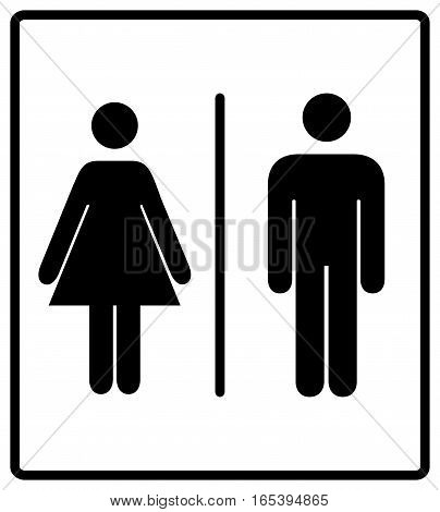 vector illustration of mens and womens restroom sign, toilette symbols. Vector symbols for public places, banner isolated on white, black silhouette