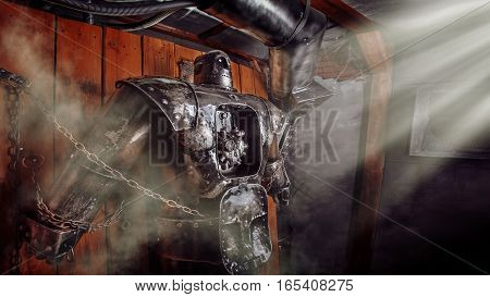 Huge Retro Robot Chained In The Laboratory.