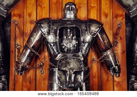Huge Retro Robot Chained In The Laboratory.
