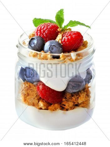 Healthy Blueberry And Raspberry Parfait In A Mason Jar Isolated On A White Background