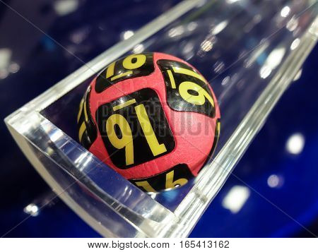 Bucharest Romania April 10 2016: Image of lottery balls during extraction of the winning numbers.