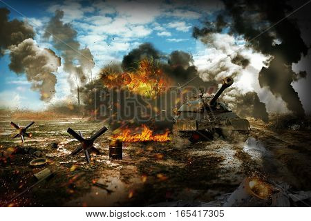 Battle Tank in the war zone. Tank mission to destroy enemy targets