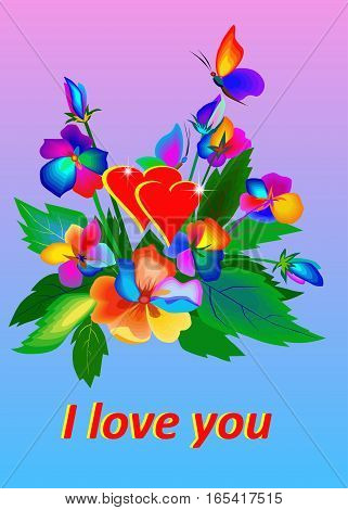 A vector bunch of bright flowers and some butterflies and words I love you. St Valentine s day. Vector illustration