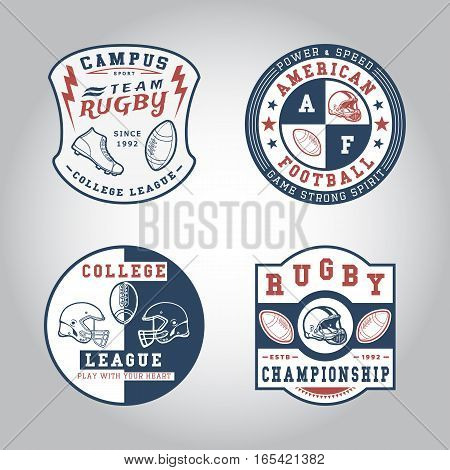 SET OF BADGE RUGBY. Handmade football ball, shoes, helmet retro style. Design fashion apparel texture print. T shirt graphic vintage grunge vector illustration badge label logo template.